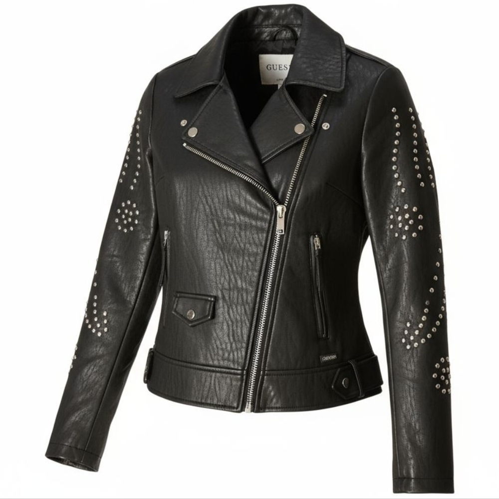 GUESS Graffiti Moto Jacket Studded Faux Leather Biker Rockstar Edgy Punk Black